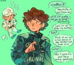  2boys andrea_kimi_antonelli aqua_background artist_name black_racing_suit brown_eyes brown_hair commentary english_commentary english_text floating formula_one highres long_sleeves looking_at_another male_focus mercedes-benz multiple_boys notice_lines open_mouth racing_suit real_life short_hair simple_background smile sog_goog speech_bubble talking valtteri_bottas 