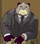 2017 anthro black_body black_eyes black_fur brown_body brown_fur canid canine chair clock clothing collared_shirt digital_drawing_(artwork) digital_media_(artwork) dress_shirt fur furniture garouzuki gold_watch gonbei_(garouzuki) grey_clothing grey_suit head_tuft leaning_on_furniture looking_at_viewer male mammal necktie pattern_necktie raccoon_dog shirt simple_background solo striped_necktie suit tan_body tan_fur tanuki topwear tuft watch