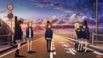  akiyama_mio bridge cloud error evening hirasawa_yui instrument ize k-on! kotobuki_tsumugi landscape legs multiple_girls nakano_azusa pantyhose road road_sign school_uniform sign sky street sunset tainaka_ritsu vanishing_point water 