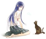  bad_id bad_pixiv_id blue_hair cat kneeling kunimoto_ori long_hair original pleated_skirt purple_eyes school_uniform simple_background skirt solo 