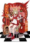  1girl animal_ear_fluff animal_ears apron arknights arrow_(symbol) bar_stool beanstalk_(arknights) brown_eyes brown_hair brown_tail buttons cactus character_name closed_mouth commentary_request dress food frilled_hairband frills full_body hair_between_eyes hairband highres holding holding_tray hot_dog ice_cream inline_skates jukebox k-yosinori ketchup_bottle kneehighs light_blush medium_hair mustard_bottle on_stool plant potted_plant red_dress red_hairband roller_skates short_dress short_sleeves sitting skates smile socks solo stool striped_clothes striped_dress tail tile_floor tiles tray vertical-striped_clothes vertical-striped_dress waist_apron white_apron white_socks 