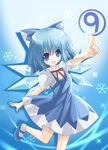  1girl blue blue_eyes blue_hair bow cirno dress fang hair_bow marionette_(excle) mary_janes open_mouth shoes short_hair smile snowflakes socks solo touhou white_legwear wings 