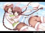  animal_ears bad_id bad_pixiv_id braid brown_hair bunny_ears cat_ears glomp green_eyes hat hat_removed headwear_removed hug mimi_(pop'n_music) multiple_girls nyami_(pop'n_music) open_mouth pop'n_music shirt shorts smile striped striped_shirt twin_braids uka_(color_noise) 