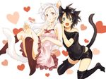  :d animal_ears aqua_eyes bad_id bad_tumblr_id black_hair black_legwear cat_ears cat_tail copyright_request dress hand_on_shoulder heart kneehighs long_hair multiple_girls off_shoulder open_mouth purple_eyes sakamoto_atsumu short_hair smile socks tail thighhighs white_hair 