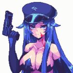  1girl bare_shoulders bikini blood blood_on_face blood_on_neck blue_bikini blue_eyes blue_gloves blue_hair blue_hat breasts cleavage closed_mouth collarbone commentary elbow_gloves finger_on_trigger gloves gun handgun hashtag-only_commentary hat highres holding holding_gun holding_weapon large_breasts long_hair looking_at_viewer original parted_bangs peaked_cap pixel_art pixelcadete simple_background solo strapless strapless_bikini swimsuit upper_body weapon white_background 