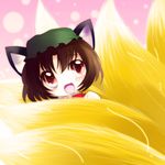  :3 animal_ears cat_ears chen commentary_request fangs fox_tail hat highres open_mouth solo_focus tail touhou yakumo_ran yume_shokunin 