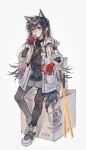  1girl absurdres animal_ears arknights bag black_hair black_shirt box cardboard_box chinese_commentary coat commentary_request eating food food_in_mouth full_body fur_trim gloves grey_shorts highres holding holding_letter hood hood_down huaique id_card leaning leaning_on_box letter long_hair looking_at_viewer messenger_bag pantyhose pocky pocky_in_mouth ponytail red_eyes red_gloves shirt shoes shorts shoulder_bag simple_background sneakers solo standing tail texas_(arknights) texas_(winter_messenger)_(arknights) turtleneck white_background white_coat winter_clothes winter_coat wolf_ears wolf_girl wolf_tail 