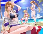  3girls :d arm_up armpits bare_arms bare_legs beach bikini black_bikini blonde_hair blue_bow blue_sky bow breasts brown_eyes brown_hair cleavage clothes_down cup day fate_testarossa flat_chest flower green_eyes groin hair_bow halterneck heterochromia highres holding holding_cup jacket large_breasts lens_flare long_hair looking_at_viewer lyrical_nanoha mahou_shoujo_lyrical_nanoha mahou_shoujo_lyrical_nanoha_strikers multiple_girls navel ocean outdoors pink_bikini red_eyes red_flower see-through_clothes see-through_jacket side_ponytail sitting sky smile sougetsu_izuki standing straight_hair summer swimsuit takamachi_nanoha tropical_drink two_side_up very_long_hair vivio wariza waving white_bikini 