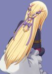  1girl black_capelet blonde_hair bow braid capelet dutch_angle easy_(aqk7bdqt) facing_away from_behind gold_trim hair_bow hair_focus hair_ornament hair_ribbon knees_up long_hair loux_christasse mahoutsukai_reimeiki multicolored_hair purple_background purple_bow purple_hair purple_ribbon ribbon simple_background sitting skirt solo straight_hair very_long_hair white_skirt 