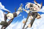  animal_ears bad_id bad_pixiv_id blonde_hair blue_eyes boko_(maniacpurple) cloud day erica_hartmann flying goggles gun hanna-justina_marseille long_hair multiple_girls short_hair sky strike_witches striker_unit tail weapon world_witches_series 