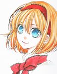  alice_margatroid aqua_eyes bad_id bad_pixiv_id face hairband kanae_(aab) lace lips marker_(medium) ribbon shikishi short_hair smile solo touhou traditional_media 