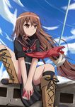  between_legs boots brown_eyes brown_hair cloud day hand_between_legs long_hair ookami-san ookami_ryouko rayhwang school_uniform side_slit sitting sky solo 