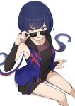 1girl :d absurdres black_dress black_gloves blue_eyes blue_hair blue_jacket commentary dress elbow_gloves feet_out_of_frame fingerless_gloves gloves highres hood hood_down hooded_jacket jacket kamitsubaki_studio long_hair looking_over_eyewear lower_teeth_only multicolored_hair neko_hiiragi open_mouth red_hair rim_(kamitsubaki_studio) short_dress simple_background sitting smile solo sunglasses teeth two-tone_hair very_long_hair virtual_youtuber white_background yellow_pupils 