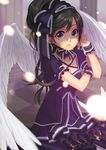  black_hair brown_eyes checkered checkered_floor choker dress feathered_wings gothic_lolita hair_ribbon lace lace-trimmed_dress lolita_fashion long_hair looking_at_viewer original perspective ribbon solo surprised takanashi_kana thighhighs white_wings wings wrist_cuffs zettai_ryouiki 