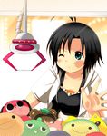  against_glass antenna_hair black_hair blue_eyes blush crane_game gachapin hirake!_ponkikki idolmaster idolmaster_(classic) kikuchi_makoto kotobuki_maimu maromi mousou_dairinin one_eye_closed short_hair solo stuffed_toy wince 