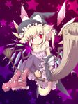  animal_ears blonde_hair boots broom broom_riding fish flandre_scarlet futatsuki_hisame garter_straps hat highres kemonomimi_mode knife off_shoulder red_eyes sidesaddle solo star strap_slip tail thighhighs touhou wings witch_hat 