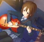  :o black_legwear blazer blush brown_eyes brown_hair dutch_angle guitar hair_ornament hairclip hirasawa_yui instrument jacket k-on! pantyhose ribbon school_uniform short_hair sitting skirt solo yamamoto_shima 