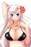  absurdres armpits bikini_top blue_eyes breasts charlotte_hazellink cleavage flower hair_flower hair_ornament hibiscus highres komori_kei large_breasts long_hair looking_at_viewer parted_lips princess_lover shiny shiny_skin shirt_lift smile solo upper_body 
