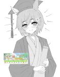  1girl absurdres animal_ears blush choker closed_mouth commentary diploma double-parted_bangs ear_covers english_commentary flower graduation greyscale hair_flower hair_ornament hat highres holding holding_diploma horse_ears horse_girl horseshoe_ornament japanese_clothes kimono long_sleeves looking_at_viewer mayoa monochrome mortarboard photo_inset robe seiun_sky_(umamusume) short_hair simple_background single_ear_cover smile solo_focus umamusume upper_body white_background wide_sleeves 