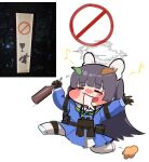  1girl :d absurdres ahoge alcohol animal_ears armband beer_bottle belt_bag binoculars black_hair blue_archive blue_serafuku blue_skirt blush bottle chibi closed_eyes drunk fake_animal_ears full_body gloves green_neckerchief grey_halo halo happy highres hime_cut jochal knee_pads leaf leaf_on_head long_hair long_sleeves meme miyu_(blue_archive) musical_note neckerchief no_symbol open_mouth pantyhose rabbit_ears running school_uniform serafuku sign single_knee_pad skirt smile solo warning_sign white_pantyhose 