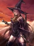  bad_id bad_pixiv_id brown_hair cloud dagger elbow_gloves gloves hat highres kazeno long_hair purple_eyes sketch solo staff tactics_ogre thighhighs weapon witch_(tactics_ogre) witch_hat 