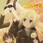  animal_ears blonde_hair blue_eyes brown_eyes brown_hair erica_hartmann fork gertrud_barkhorn goggles goggles_on_head hanna-justina_marseille head_wings long_hair military military_uniform multiple_girls potato profile short_hair strike_witches uniform white_hair world_witches_series yukko 