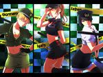  adapted_uniform ahoge axis_powers_hetalia bad_id bad_pixiv_id black_hair blonde_hair breasts brown_hair caution_tape cleavage genderswap genderswap_(mtf) germany_(hetalia) hat japan_(hetalia) keep_out large_breasts multiple_girls navel northern_italy_(hetalia) otonashi police police_uniform short_hair thighhighs uniform 