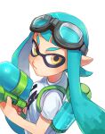  1girl aqua_hair blush closed_mouth commentary_request from_above from_side frown holding ink_tank_(splatoon) inkling inkling_player_character long_hair looking_at_viewer pointy_ears shirt short_eyebrows solo splatoon_(series) sunabu super_soaker t-shirt tentacle_hair upper_body white_background white_shirt yellow_eyes 