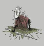  1girl arthropod_girl arthropod_limbs black_skin cloak colored_skin dirty dirty_clothes grey_background holding hollow_eyes hollow_knight hollow_knight:_silksong horned_mask hornet_(hollow_knight) maggot mask needle_(hollow_knight) no_humans no_mouth red_cloak simple_background textless_version visarrayx weapon wet white_mask 