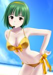  bikini bob_cut breasts cleavage front-tie_top green_hair hairband hand_on_hip headset idolmaster idolmaster_(classic) leaning_forward medium_breasts microphone mole mole_under_mouth otonashi_kotori ponnetsu red_eyes short_hair side-tie_bikini solo swimsuit water 