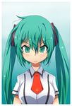  :&lt; aqua_eyes aqua_hair bad_id bad_pixiv_id baka_to_test_to_shoukanjuu cosplay danzero face hatsune_miku long_hair necktie parody school_uniform solo style_parody twintails vocaloid 