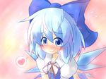  blue_eyes blue_hair blush bow cirno hair_bow hat heart smile solo speech_bubble spoken_heart touhou wings yurume_atsushi 