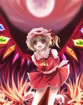  bad_deviantart_id bad_id bat blonde_hair fang fire flandre_scarlet full_moon hat highres marionette_(excle) moon one_side_up open_mouth ponytail red_eyes red_sky short_hair skull sky smile solo touhou wings 