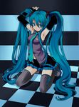  absurdres aqua_eyes aqua_hair armpits arms_up black_legwear checkered checkered_floor colorized detached_sleeves ginta hatsune_miku highres kneeling long_hair navel necktie perspective raiyume_(891311) seiza sitting skindentation solo thighhighs twintails very_long_hair vocaloid zettai_ryouiki 