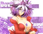  blush breasts cleavage covered_nipples hair_ornament kuzuryuu_amane large_breasts megami_ibunroku_devil_survivor purple_eyes purple_hair robe segami_daisuke solo 