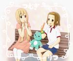  bench blonde_hair blue_eyes brown_eyes brown_hair casual food inaton k-on! kotobuki_tsumugi long_hair multiple_girls park_bench popsicle short_hair stuffed_animal stuffed_toy tainaka_ritsu teddy_bear 