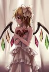  alternate_costume bare_shoulders blonde_hair blush bouquet bow bride brown_eyes dress flandre_scarlet flower hair_bow pointy_ears profile red_flower red_rose rose short_hair side_ponytail solo touhou wedding_dress white_dress wings xiao_qiang_(overseas) 