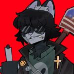 absurd_res american_flag anthro canid canine canis cigarette cigarette_in_mouth cosplay cross eyewear fur gesture hand_gesture hi_res male mammal mia0hmia middle_finger multicolored_body multicolored_fur nikolas_(solidsnuck) object_in_mouth peace_symbol postal_dude smiley_face solo sunglasses united_states_of_america wolf