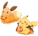  animal_focus black_cape blush brown_eyes brown_fur cape closed_mouth eevee fangs fluffy full_body halloween_costume highres holding jack-o&#039;-lantern ketchup_bottle mimix no_humans open_mouth pikachu pokemon pokemon_(creature) pokemon_focus pumpkin red_cape simple_background smile tail white_background 