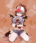  bad_id bad_pixiv_id baseball_cap blush brown_hair denim denim_shorts fang gen_5_pokemon grin hat hug kneeling midriff navel nono_pk pokemon pokemon_(creature) pokemon_(game) pokemon_bw ponytail shorts smile touko_(pokemon) woobat 