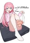  1girl :d absurdres bang_dream! bang_dream!_it's_mygo!!!!! barefoot blue_eyes chihaya_anon chinese_text feet foot_focus full_body hand_on_own_cheek hand_on_own_face highres holding_sock lan_mao_akko long_hair long_sleeves pink_hair simple_background single_sock smile socks solo translation_request unworn_socks very_long_hair white_background white_socks 
