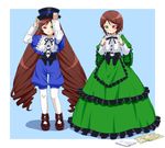  brown_hair cosplay costume_switch dress drill_hair frills green_eyes hat heterochromia ichikawa_masahiro long_hair multiple_girls pantyhose red_eyes rozen_maiden short_hair siblings sisters souseiseki souseiseki_(cosplay) suiseiseki suiseiseki_(cosplay) twins very_long_hair white_legwear 