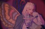  1boy blue_eyes bug butterfly cape commentary crown fate/grand_order fate_(series) highres insect_wings long_hair oberon_(fate) oberon_(third_ascension)_(fate) signature solo suidrawsui wings 