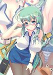  armpits bespectacled breasts chalk cleavage frog_hair_ornament glasses hair_ornament kochiya_sanae large_breasts long_hair meropan panties panties_under_pantyhose pantyhose sideboob snake_hair_ornament solo thighband_pantyhose touhou underwear yagokoro 