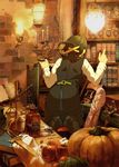  apple book bottle brown_hair candelabra food fruit green_eyes miyuu original pumpkin solo vest 