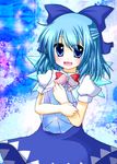  bad_id bad_pixiv_id blue_dress blue_eyes blue_hair blush bow cirno dress fang fujisaki_kaon hair_bow ice ribbon short_hair solo touhou wings 