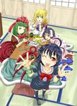  ;p animal_ears arm_warmers asymmetrical_wings black_hair black_legwear blonde_hair bow bunny_ears bunny_tail candy dress eating food frills front_ponytail green_eyes green_hair hair_bow hair_ribbon houjuu_nue inaba_tewi kagiyama_hina mizuhashi_parsee multiple_girls one_eye_closed pointy_ears red_eyes ribbon scarf shiba_meiji short_hair snake tail thighhighs tongue tongue_out touhou wings 