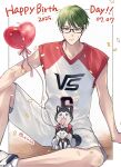  1boy animal arm_on_knee balloon basketball_jersey basketball_uniform black-framed_eyewear blue_eyes closed_mouth collarbone commentary_request confetti dated dog eye_contact glasses green_eyes green_hair happy_birthday heart_balloon highres kiri_se knee_up kuroko_no_basuke looking_at_another looking_down looking_up male_focus midorima_shintarou shoes short_sleeves sitting sneakers sportswear stuffed_animal stuffed_toy tetsuya_ni_gou twitter_username v-neck vorpal_swords_uniform 