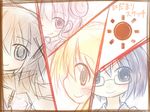  blonde_hair blush brown_hair glasses hair_ornament hairclip hidamari_sketch hiro miyako multiple_girls pink_hair sae smile yuno yurume_atsushi 