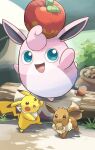 2025 ambiguous_gender anthro apple blue_eyes brown_body brown_eyes brown_fur eevee female feral food fruit fur generation_1_pokemon group hakkentai_pkdn hi_res looking_at_another male nintendo object_in_mouth open_mouth paws pikachu pink_body pink_fur plant pmd:_discovery_team_of_stars_and_souls pokemon pokemon_(species) pokemon_mystery_dungeon pouch_(anatomy) pouch_purse spike_chunsoft tail tongue trio wigglytuff yellow_body